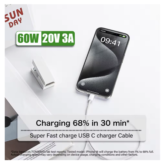 Imagine Set 10 buc Cablu date USB-C-C 60W, 1M, woven, Compatibil cu iPhone17, 17 /16 pro max, ALB, Bulk