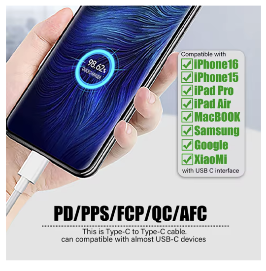 Imagine Set 10 buc Cablu date USB-C-C 60W, 1M, woven, Compatibil cu iPhone17, 17 /16 pro max, ALB, Bulk