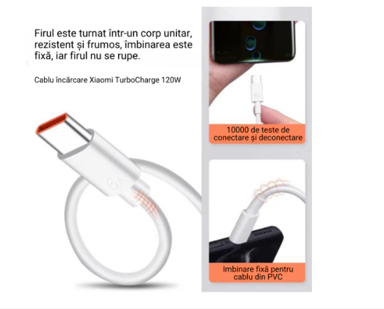 Imagine Cablu date si incarcare rapida 6A,2m  TurboCharge 120W, pentru Xiaomi, RedMi, Poco, USB la USB-C, Type C, alb-portocaliu