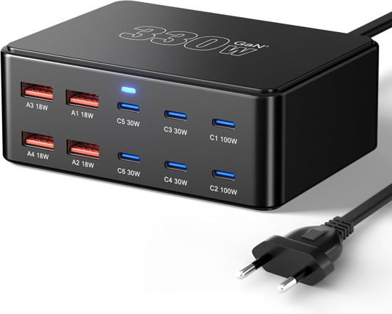 Imagine Statie de incarcare USB 330 W cu 10 porturi, QUANDES, USB-C GaN III, incarcare rapida, multicolor, 3.9x2.9x1.3 in