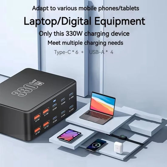 Imagine Statie de incarcare USB 330 W cu 10 porturi, QUANDES, USB-C GaN III, incarcare rapida, multicolor, 3.9x2.9x1.3 in