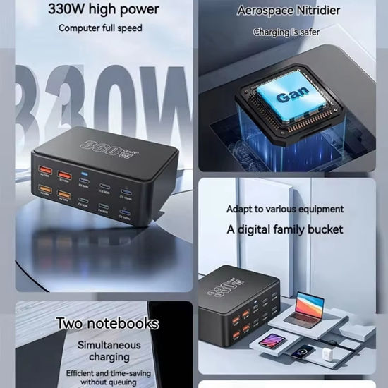 Imagine Statie de incarcare USB 330 W cu 10 porturi, QUANDES, USB-C GaN III, incarcare rapida, multicolor, 3.9x2.9x1.3 in