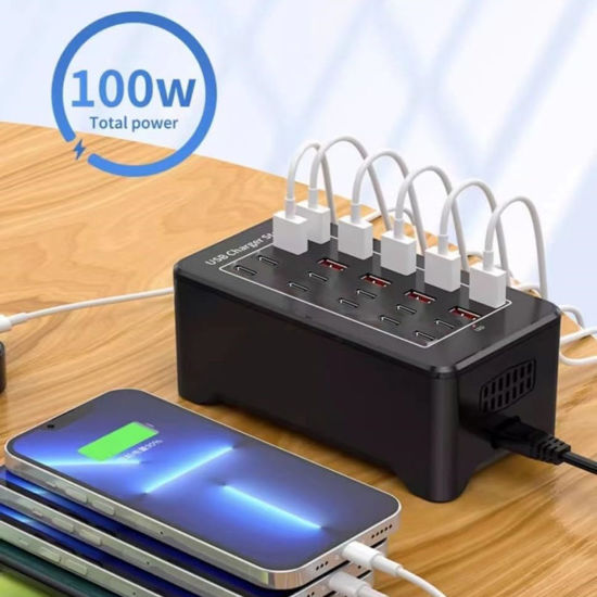 Imagine Statie de incarcare USB 100W, QUANDES, 20 porturi (10 USB-A, 10 USB-C), cu ventilatie, 1, 5m cablu alimentare