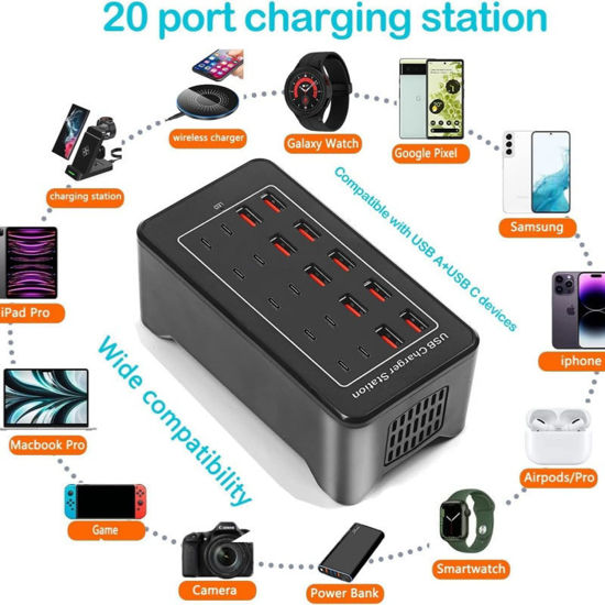Imagine Statie de incarcare USB 100W, QUANDES, 20 porturi (10 USB-A, 10 USB-C), cu ventilatie, 1, 5m cablu alimentare