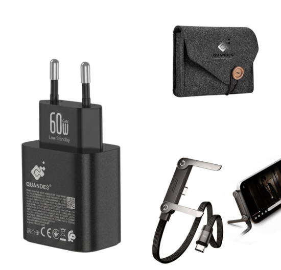 Imagine Kit incarcator 60W PD T6010, cablu USB-C la USB-C, fast charging 240w, 1.5m suport telefon pliabil, compatibil cu Galaxy s26/s25 ultra, QUANDES cu geanta de protectie