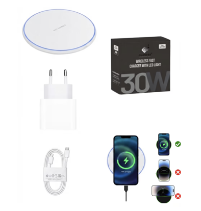 Imagine Set 3buc, Incarcator Wireless super Fast Charging 30W, Pad QI, 20W adaptor PD usb-C, Cablu date 3A C-C, compatibil cu Iphone 17, 16, 15, 14, 13, 12, QUANDES®, Alb