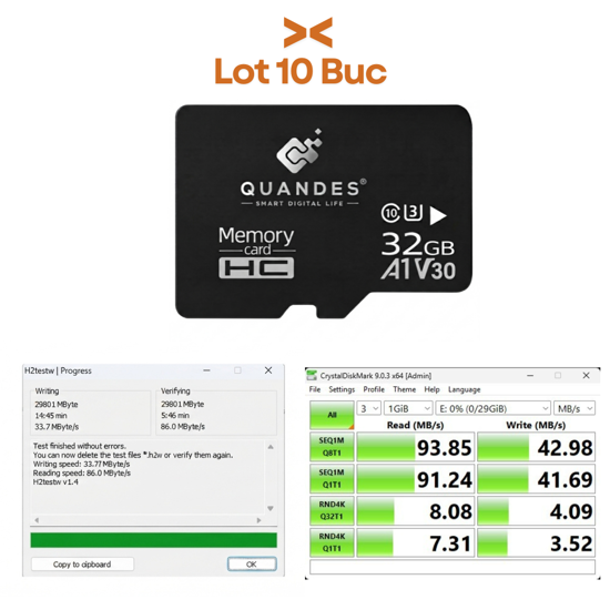 Imagine Card de memorie QUANDES® Premum MicroSDHC, 32GB, Class 10, Mare viteza U3, V30, A1 Viteza de citire 86 MB/s ,Viteza de scriere 34 MB/s (47 ron pe buc) Lot 10 buc