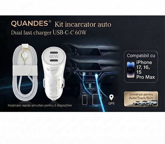Imagine Kit incarcator auto Dual fast charger USB-C-C 60W, Cablu date USB-C-C 60W-1M, QUANDES®, Compatibil cu iPhone 17, 16, 15 pro max