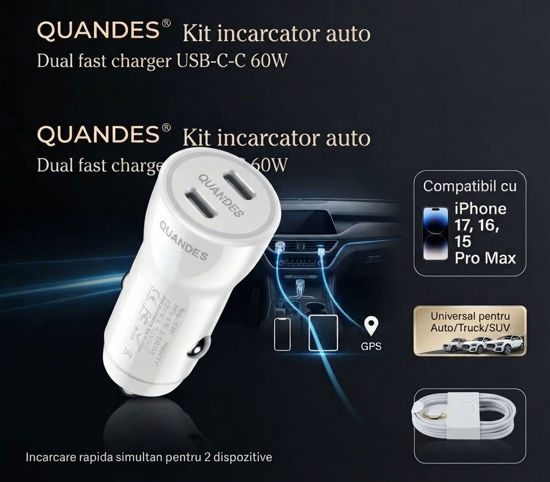Imagine Kit incarcator auto Dual fast charger USB-C-C 60W, Cablu date USB-C-C 60W-1M, QUANDES®, Compatibil cu iPhone 17, 16, 15 pro max