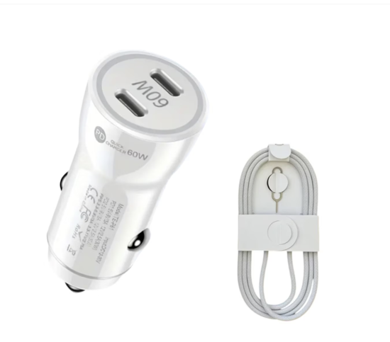 Imagine Kit incarcator auto Dual fast charger USB-C-C 60W, Cablu date USB-C-C 60W-1M, QUANDES®, Compatibil cu iPhone 17, 16, 15 pro max