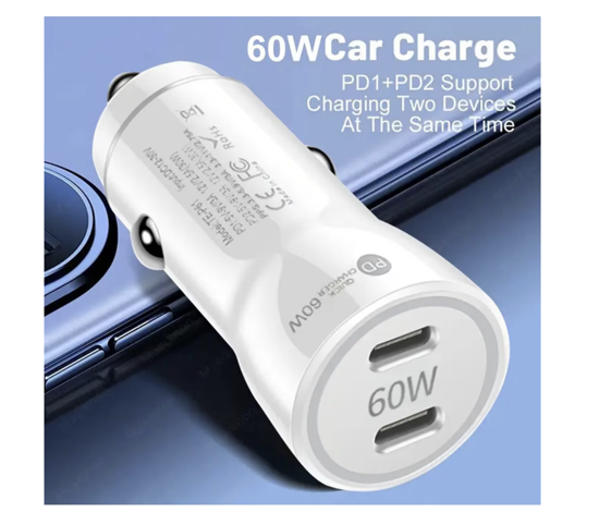 Imagine Kit incarcator auto Dual fast charger USB-C-C 60W, Cablu date USB-C-C 60W-1M, QUANDES®, Compatibil cu iPhone 17, 16, 15 pro max
