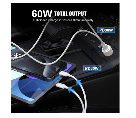 Imagine Kit incarcator auto Dual fast charger USB-C-C 60W, Cablu date USB-C-C 60W-1M, QUANDES®, Compatibil cu iPhone 17, 16, 15 pro max
