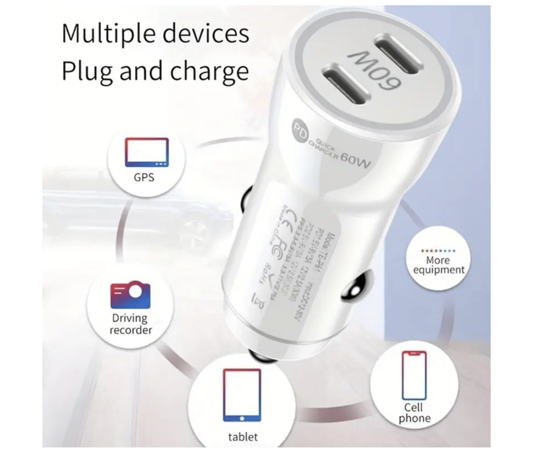 Imagine Kit incarcator auto Dual fast charger USB-C-C 60W, Cablu date USB-C-C 60W-1M, QUANDES®, Compatibil cu iPhone 17, 16, 15 pro max