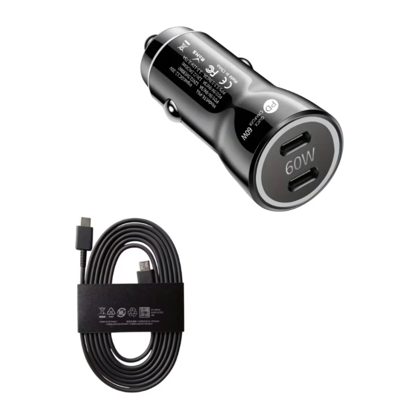 Imagine Kit incarcator auto Dual USB-C-C 60W Fast Charger, 1 Cablu date USB-C-C 5A-1, 8M, QUANDES®, Compatibil cu Galaxy s26, s25, 24, 23 Ultra