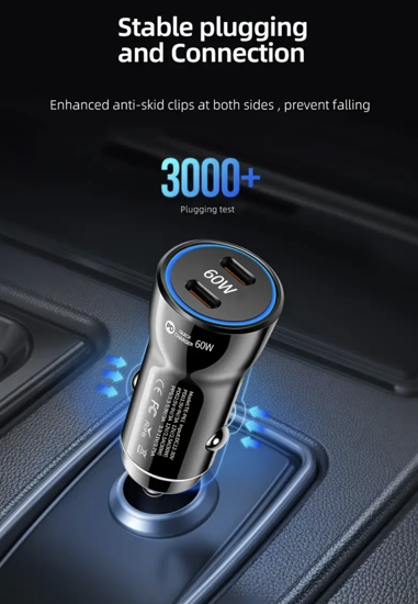 Imagine Kit incarcator auto Dual USB-C-C 60W Fast Charger, 1 Cablu date USB-C-C 5A-1, 8M, QUANDES®, Compatibil cu Galaxy s26, s25, 24, 23 Ultra