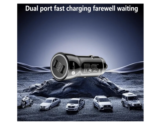 Imagine Kit incarcator auto Dual USB-C-C 60W Fast Charger, 1 Cablu date USB-C-C 5A-1, 8M, QUANDES®, Compatibil cu Galaxy s26, s25, 24, 23 Ultra