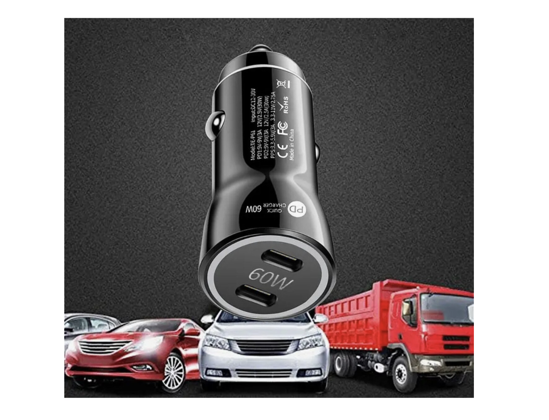 Imagine Kit incarcator auto Dual USB-C-C 60W Fast Charger, 1 Cablu date USB-C-C 5A-1, 8M, QUANDES®, Compatibil cu Galaxy s26, s25, 24, 23 Ultra