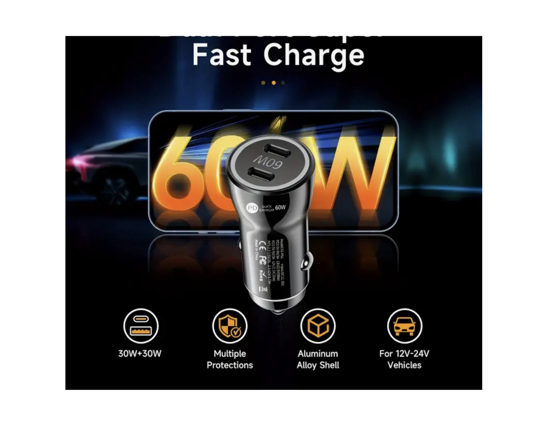 Imagine Kit incarcator auto Dual USB-C-C 60W Fast Charger, 1 Cablu date USB-C-C 5A-1, 8M, QUANDES®, Compatibil cu Galaxy s26, s25, 24, 23 Ultra