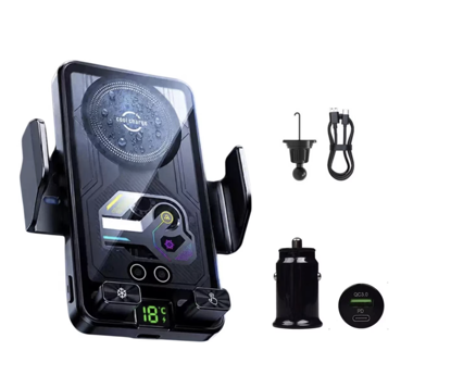 Imagine Set incarcator Auto wireless de 15W, Adaptor Auto 18w, sistem de racire si fixare automata prin senzor magnetic, rotatie la 360°, compatibil cu iPhone 18/17/16/15/14/13/12