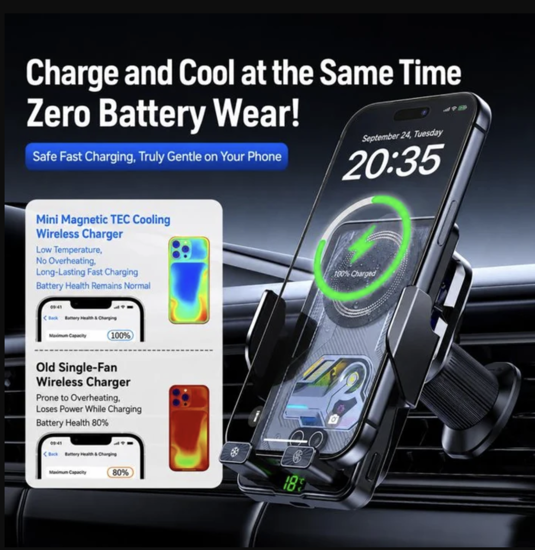 Imagine Set incarcator Auto wireless de 15W, Adaptor Auto 18w, sistem de racire si fixare automata prin senzor magnetic, rotatie la 360°, compatibil cu iPhone 18/17/16/15/14/13/12