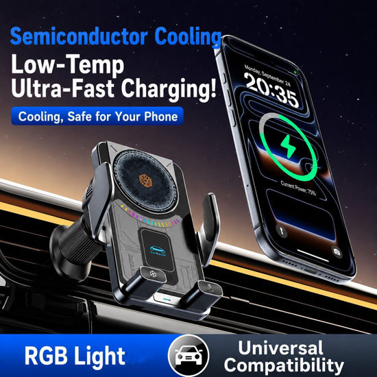 Imagine Set incarcator Auto wireless de 15W, Adaptor Auto 18w, sistem de racire si fixare automata prin senzor magnetic, rotatie la 360°, compatibil cu iPhone 18/17/16/15/14/13/12