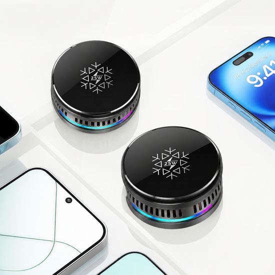 Imagine Set 4 in1 Incarcator wireless 25W, Qi2.2 cu iluminare RGB, 25W, prindere ventilatie cu magnet, QUANDES TEC COOLING, sistem racire activa, adaptor auto45w, Suport portabil reglabil pentru pentru birou