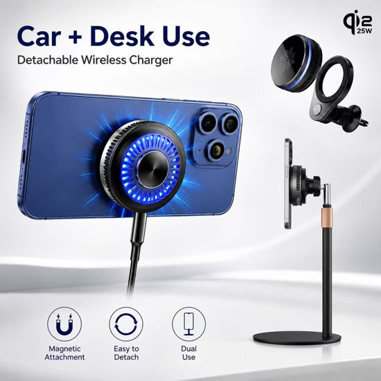 Imagine Set 4 in1 Incarcator wireless 25W, Qi2.2 cu iluminare RGB, 25W, prindere ventilatie cu magnet, QUANDES TEC COOLING, sistem racire activa, adaptor auto45w, Suport portabil reglabil pentru pentru birou